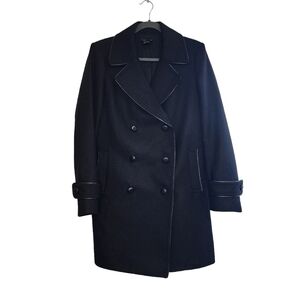 Theory Black Wool Double Breasted Loan Coat Peacoat Contrast Trim